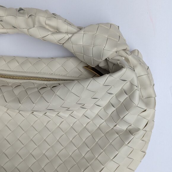 White Leather Shoulder Hand Bag – Chic Bottega Style, Woven Knot Handle NW - Picture 8 of 10